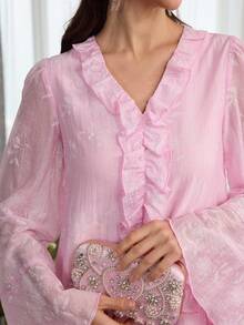 Yasmyna Women's V-Neck Ruffle Hem Casual Loose Party & Travel Dress - Pink - View 2