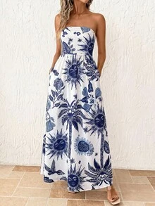 SHEIN Clasi Women's Floral & Sun Print Ruched Casual Party Dress - Blue - View 1