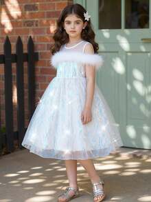 女童白色网纱亮片连衣裙，圆领无修饰羽毛优雅连衣裙，高端网纱薄纱连衣裙，适合各种场合穿着，如派对、婚礼、生日等 - 白色 - 查看 5