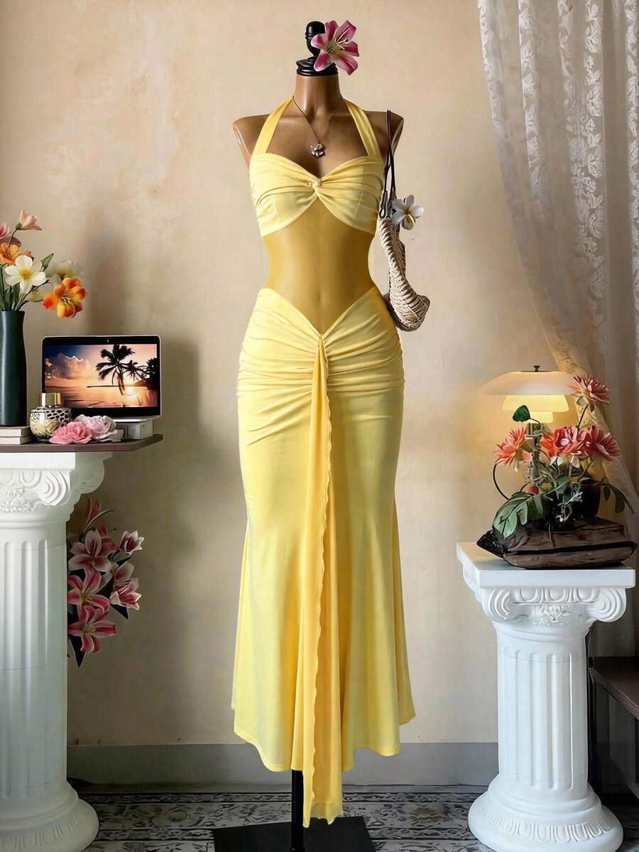 EMERY ROSE Đầm lưới cổ yếm gợi cảm và thanh lịch mới dành cho nữ, bộ sưu tập Xuân/Hè 2026. - Vàng nhạt - Xem 1