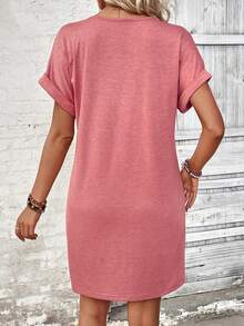 EMERY ROSE Women's Solid Color V-Neck Short Sleeve Casual Versatile Dress Vacation Dusty Pink Summer - Pink - View 2