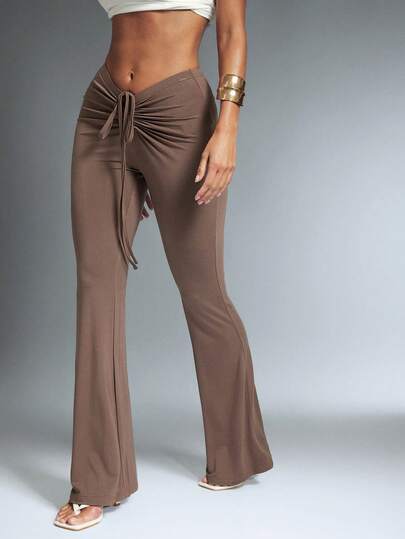 Denimoi Pantalones acampanados con cintura en V y cordón ajustable, ropa interior sexy, uso casual, atuendos para el aeropuerto, pilates