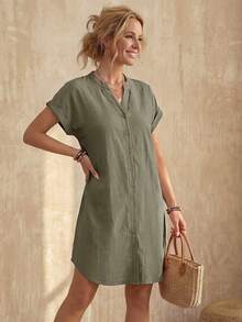 EMERY ROSE Vestido informal mini de unicolor con botones delanteros y mangas cortas para mujer - Verde militar - Ver 5