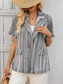 EMERY ROSE Women's Casual Commuter Striped Lapel Short Sleeve Thin Blazer Jacket, Summer - Grey - View 6