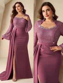 Coutiva 大码女士水钻装饰高端晚礼服，奢华亮片正式礼服，优雅派对礼服 - 藕粉色 - 查看 2