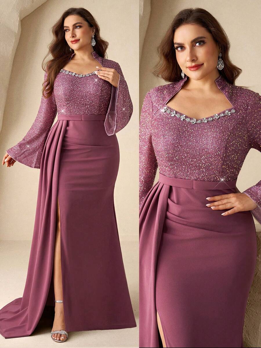 Coutiva 大码女士水钻装饰高端晚礼服，奢华亮片正式礼服，优雅派对礼服