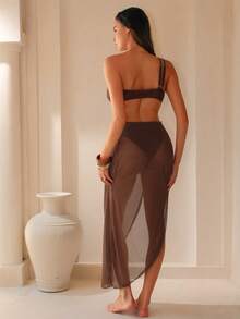 Swim Oasis Summer Fashion Solid Color Shiny Fabric Matching Accessories Design Bikini Set With Beach Cover-Up - Coffee Brown - View 3