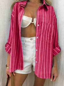 Airaco Áo sơ mi nữ kẻ sọc, vai rớt, tay xắn, cài cúc đơn, kiểu dáng thường ngày. - Màu Hồng Tươi - Xem 3