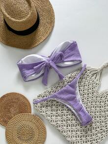 Swim Chiccia 春假女士沙滩装夏季套装，女士纯色提花面料无肩带金属装饰性感比基尼套装 - 紫色 - 查看 2