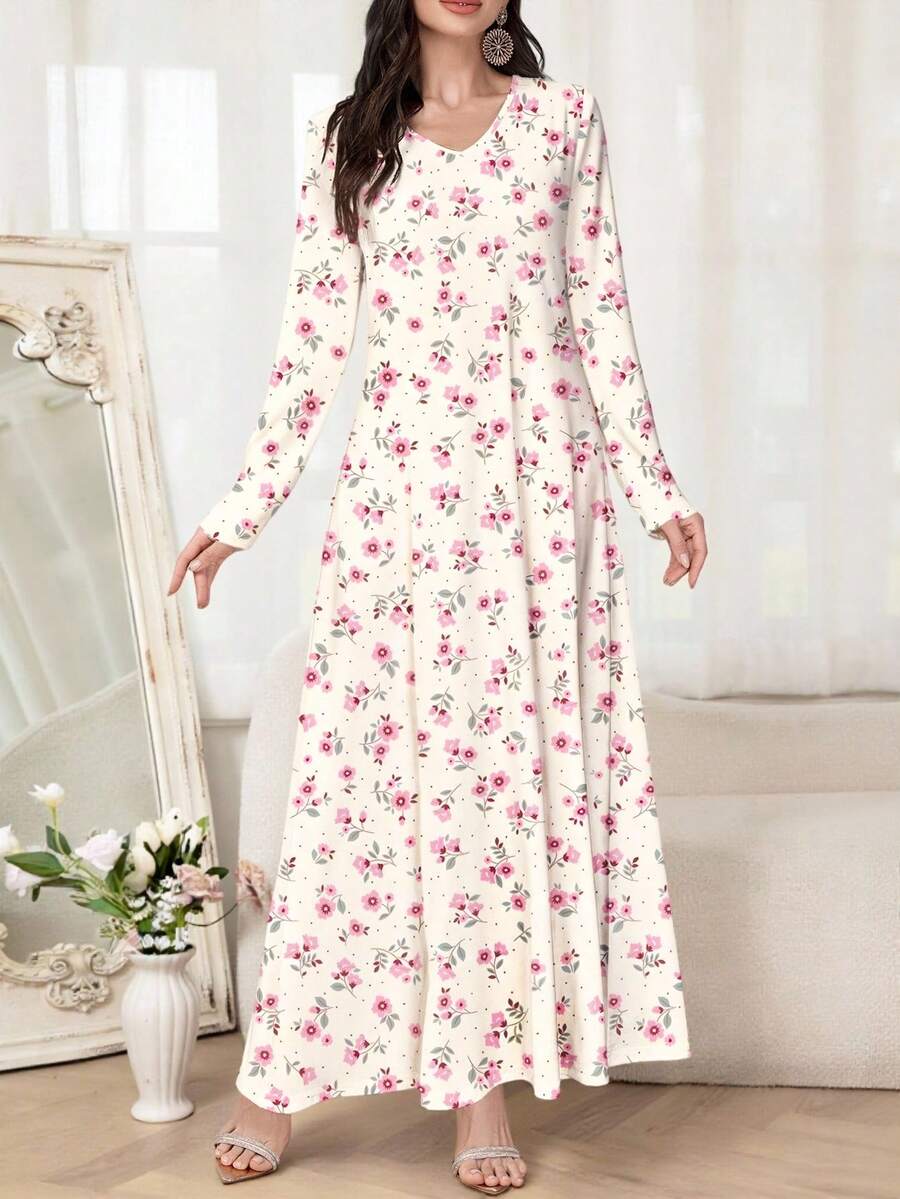 Lacomfia 女士优雅V领针织长袖印花连衣裙,可单穿或作为内搭,适合约会、度假、日常休闲、派对、节日等场合。飘逸连衣裙,印花连衣裙。 - 米色 - 查看 1