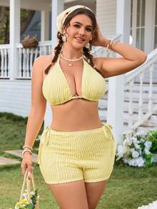 Swim Mod 大码女式三件套抽绳三角内裤和高腰短裤休闲泳装套装 - 黃色 - 查看 6
