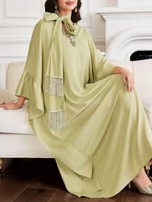 Al Najma Đầm dự tiệc cocktail thanh lịch, tay bồng, cổ chữ V, đính đá thủ công, thích hợp cho kỳ nghỉ. - Màu vàng - Xem 3