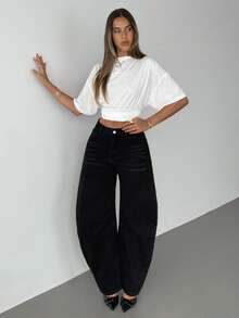 Aloruh 女士宽松修身弧形裤腿牛仔裤 - 黑色 - 查看 3