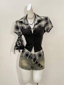 SHEIN Jeanoir Camisa casual de manga corta con botones delanteros y pliegues con estampado a cuadros - Multicolor - Ver 3