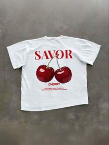 Manfinity Dauomo 男士休闲樱桃标语印花短袖T恤，夏季 - 白色 - 查看 1