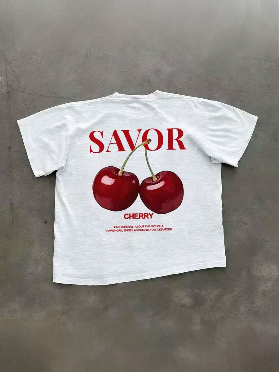 Manfinity Dauomo 男士休闲樱桃标语印花短袖T恤，夏季 - 白色 - 查看 1