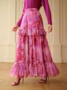 ZEYLAH Romantic Floral Print Ruffle Hem Skirt, Spring/Summer - Purple - View 4