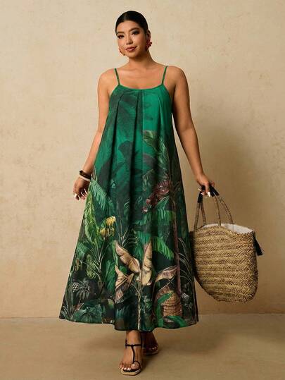 Travachic Plus Size Women Summer Beach Vacation Tropical Print Pleated Loose Strap Dress