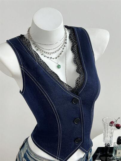 Elamini Women's Waist-Cinching Short Vest Jacket, Deep V-Neck Lace Slit Denim Effect Lightweight Outerwear, Spring/Summer