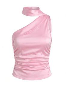 Firerie Blusa feminina de cetim, sexy, com ombros assimétricos e babados. Ideal para festas, ocasiões românticas e férias, perfeita para primavera/verão/outono. Elegante para o dia a dia, encontros, festas, casamentos, formaturas, apresentações, trabalho, volta às aulas, reuniões anuais, aniversários e feriados. - Rosa - Ver 4