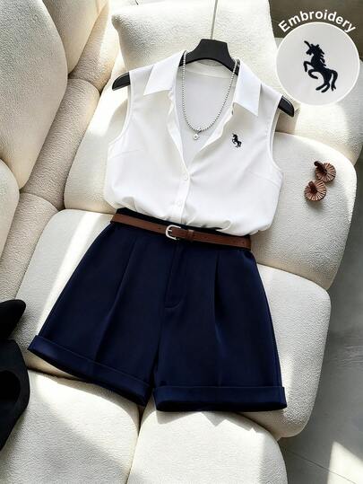 GlowEve Women's White Collared Shirt With Embroidered Pony, Sleeveless, And Navy High-Waisted Pleated Shorts With Single Button, Elegant Spring/Summer 2-Piece Set