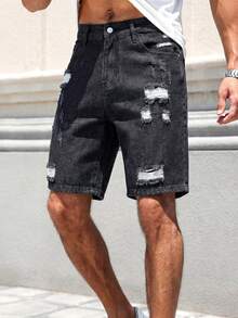 Manfinity Roughcore Men's Casual Ripped Straight Leg Blue Denim Shorts, Street Fashion For Spring/Summer - Black - View 5
