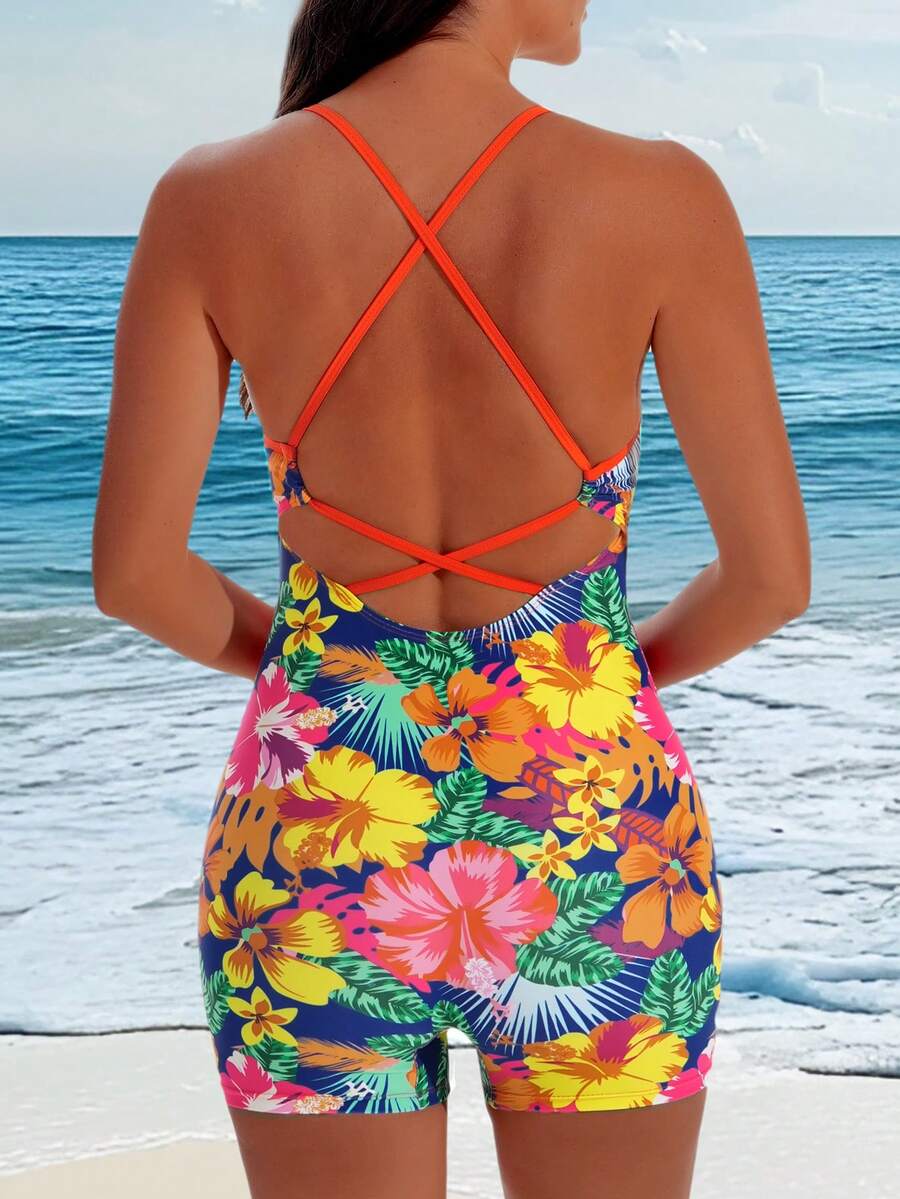 Swim Lushoire 女士热带花卉印花交叉露背连体泳衣，修身款，适合海滩度假，夏季 - 彩色 - 查看 1