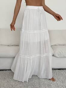 Swim Vcay 女士夏季沙滩叠层拼接波西米亚风镂空蕾丝边松紧腰抽绳荷叶边下摆度假长裙 - 白色 - 查看 4