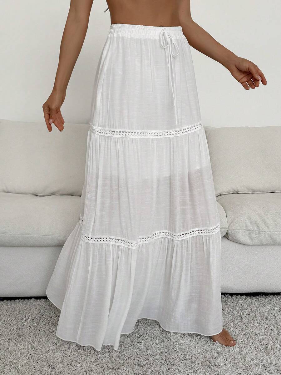 Swim Vcay Women's Summer Beach Layered Patchwork Bohemian Style Hollow Lace Trim Elastic Waist Drawstring Ruffled Hem Vacation Maxi Skirt - White - View 1