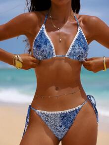 Swim Vcay Women's Summer Vacation Beach Paisley Print Halter Bikini 2 Pieces Set - Blue - View 1