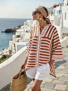 Breezaya Elegant Urban Chic New Arrival Women's Spring/Summer Red & White Striped V-Neck Loose Bohemian Style Midi Dress, Suitable For Daily Wear, Weddings, Galas, Commute, Graduation Parties, Holidays, Vacations, Dates, Parties, Halloween, Christmas, New Year, Thanksgiving, Bridal Shirt - Red - View 3