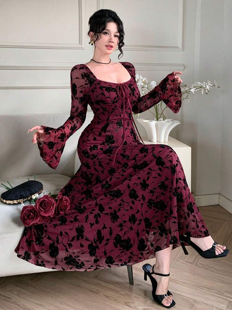 Spring/Summer Red Allover Floral Flocked Print Lace Dress, Elegant For Valentine's Day, Wedding, Party, Banquet, Fashion Event, Commute. Flared Sleeves, Ruffle Hem, Fitted Waist, Sheer Mesh Long Sleeve Midi Dress For Women Sundress