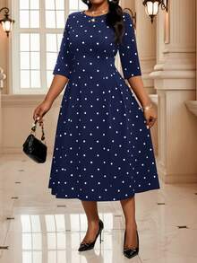 SHEIN Lady CURVE Vestido elegante de lunares de talla grande para fiesta, vestido de lunares negros, vestido de lunares negros y blancos, vestido para iglesia para mujer, vestido de lunares elegante midi, vestido de lunares negros y blancos, vestido midi de lunares de talla grande con estampado de lunares, cuello redondo, contraste de ribete, abertura midi, manga tres cuartos, vestido elegante - Azul Marino - Ver 7