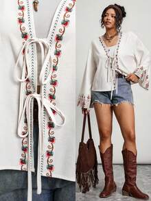 SHEIN LUNE 大码女装时尚落肩印花系带长袖夏季上衣，适合派对、购物、与朋友午餐或日常穿着。波西米亚风西部牛仔女式衬衫 - 彩色 - 查看 8