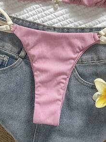 Swim Vcay 女士夏季纯色可调节肩带珍珠吊坠比基尼套装 - 粉色 - 查看 7