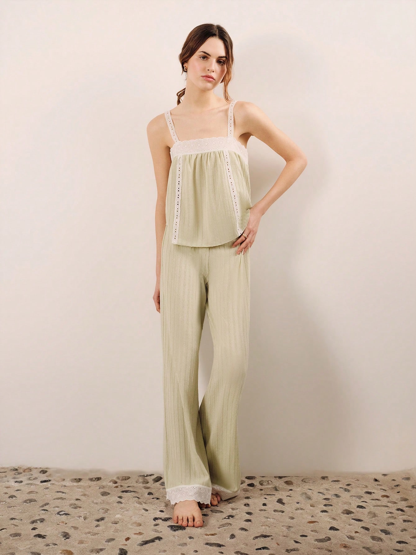 Loose Mint Green Pointelle Pajama Set With Embroidered Trim Top And Pants Homewear Set Green Sleepwear Set Cute Pyjama Set