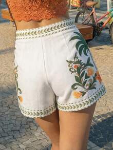 CAJUNI Women's Summer Vacation Beach Tropical Flower Embroidered Shorts - Beige - View 3