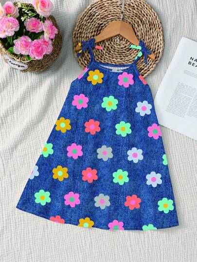 Mädchen Bunter Blume Muster Lässig Süßes Kleid, Geeignet für Frühling und Sommer