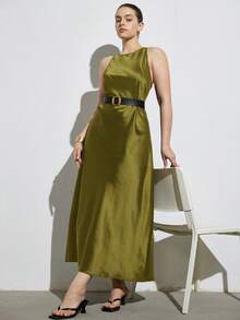 Aveloria Modichic Đầm maxi dáng chữ A không tay phong cách tối giản sang trọng, thiết kế bất đối xứng đơn giản thanh lịch, chất liệu vải hai mặt bóng mượt như satin, kiểu dáng tôn dáng, đa năng cho cả mặc thường ngày và phối lớp, cỡ lớn. - Màu xanh Ô liu - Xem 3