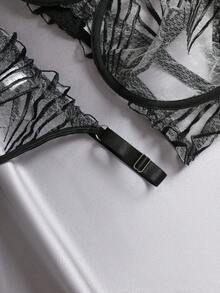 EmpressEnvy Plus Size Women Mesh Striped Embroidery Sexy Lingerie Set - Black - View 3