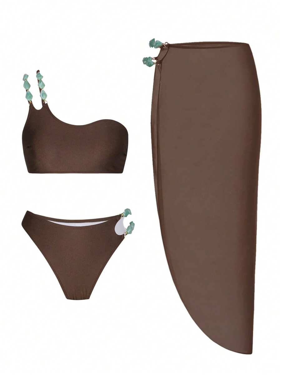 Swim Oasis Summer Fashion Solid Color Shiny Fabric Matching Accessories Design Bikini Set With Beach Cover-Up - Coffee Brown - View 1
