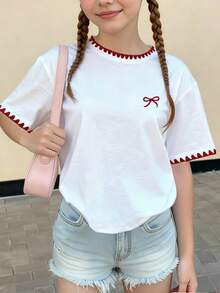 1件少女蝴蝶结装饰短袖休闲T恤，刺绣领口，宽松版型，可爱百搭款式，适合春夏穿着 - 白色 - 查看 4