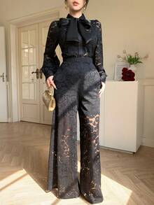 DAZY Elegant Black Floral Autumn Party 2-Piece Outfit,Flocked Ditsy Floral Chiffon Blouse Cardigan & Straight Leg Lace Pants Set,Formal Wedding Occasion - Black - View 1