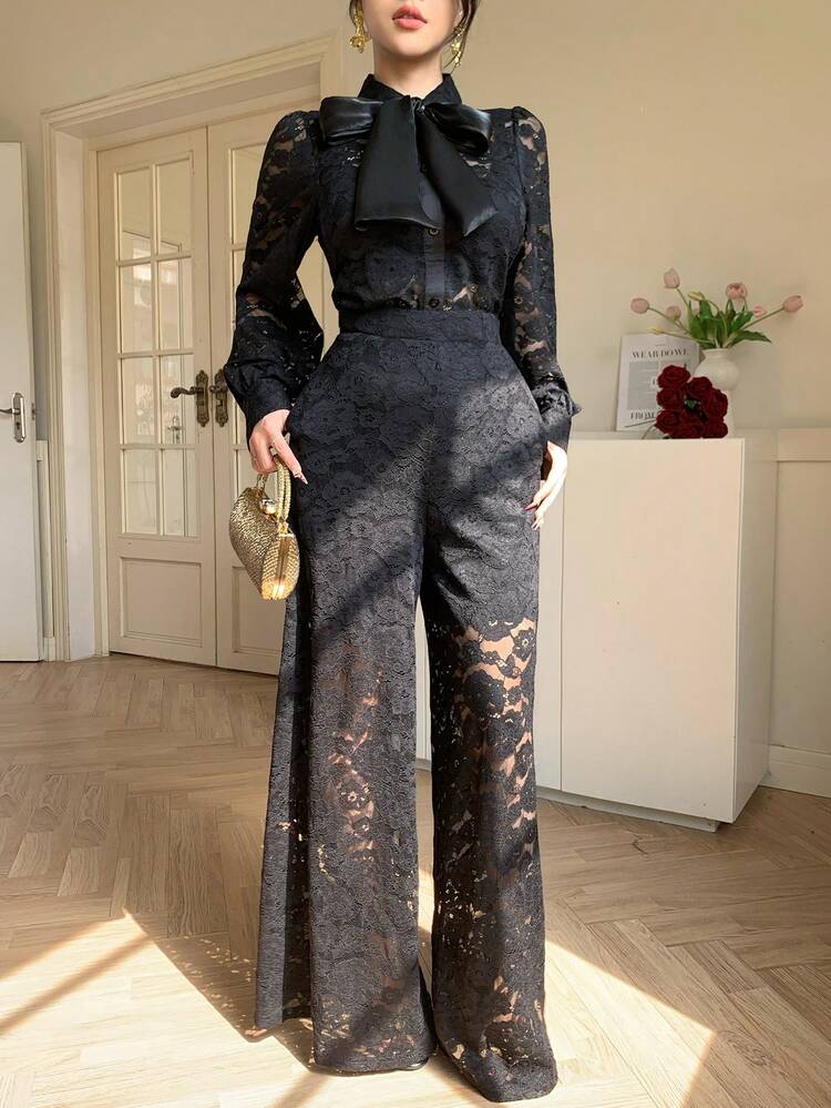 Spring & Summer Flocked Ditsy Floral Chiffon Blouse Cardigan And Straight Leg Lace Pants Set, Elegant For Valentine's Day, Wedding, Party, Formal Occasion, Long Sleeve, 2-Piece Outfit