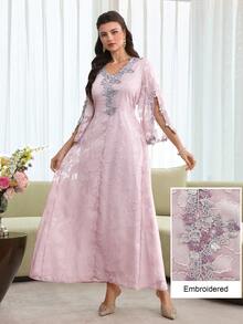 Yasmyna Đầm xòe cổ chữ V, thêu hoa, tay áo màu hồng, thắt eo, dáng thanh lịch, in họa tiết hoa dành cho nữ. - Hồng - Xem 12