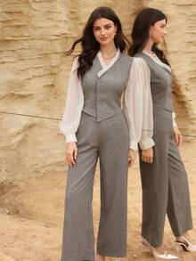 Modelyn Women's Gray Double-Sided Chiffon Ruffle Waist Elegant Blouse And Straight Leg Pants 2 Pieces Set - Grey - View 5