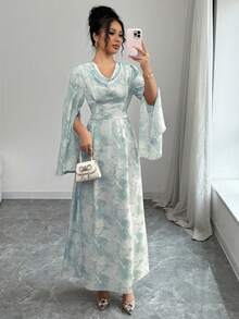 Modelyn 女士蓝色梭织垂褶领口系带腰身喇叭长袖连衣裙 - 藍色 - 查看 3