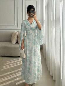 Modelyn 女士蓝色梭织垂褶领口系带腰身喇叭长袖连衣裙 - 藍色 - 查看 7