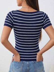 Blusa Casual De Rayas con escote y nudo  delantero Para Mujer - azul y blanco - Ver 2