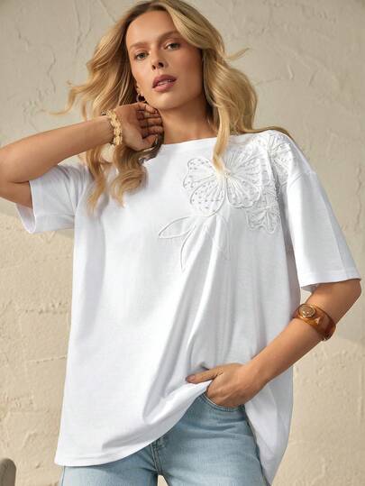 Bóhologie Maglietta da donna in morbido cotone premium con vestibilità rilassata, ricamo floreale con paillettes, maglietta casual, tessuto in cotone naturale